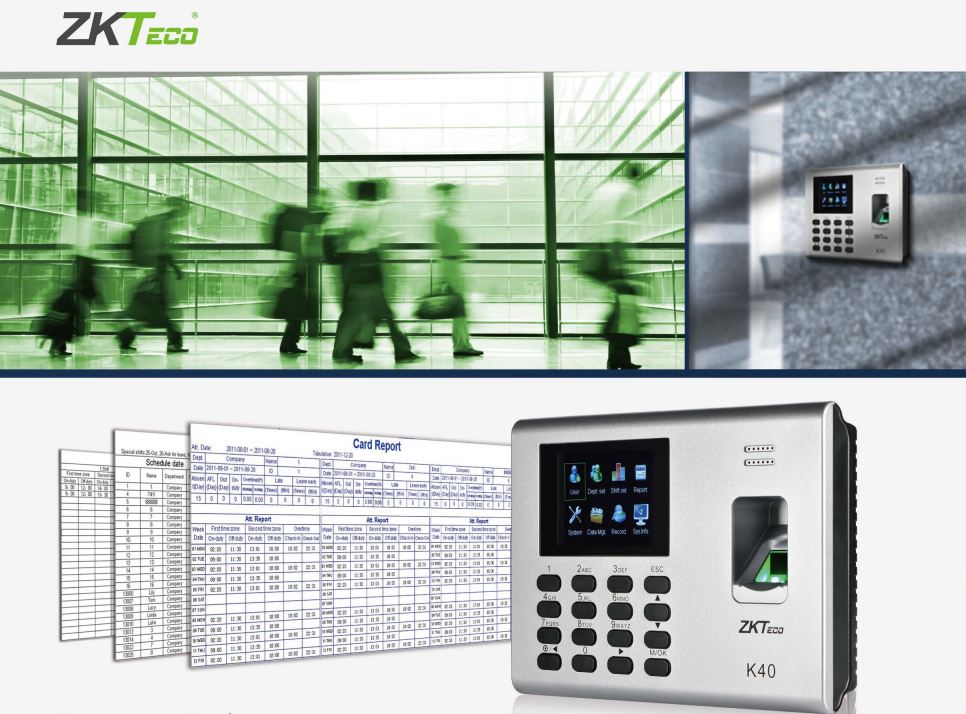 Máy chấm công vân tay thẻ từ ZKTeco K40 có tích hợp SSR Excel