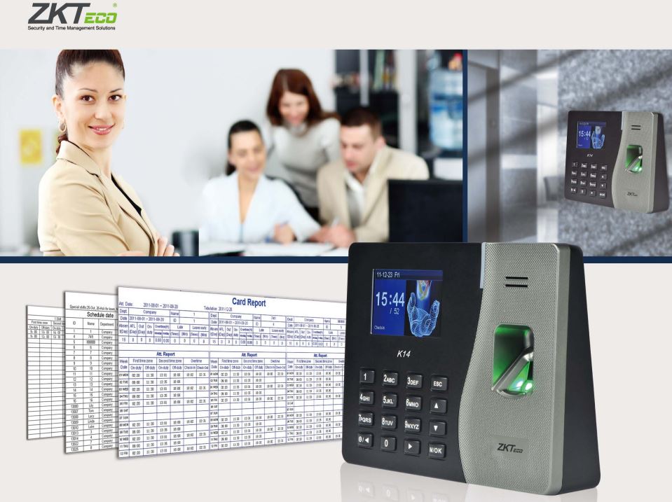 Máy chấm công vân tay thẻ từ ZKTeco K14 có tích hợp SSR Excel