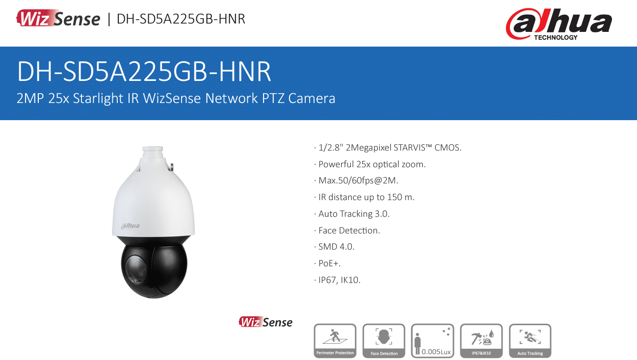 DH-SD5A225GB-HNR là dòng camera PTZ thông minh, tích hợp trí tuệ nhân tạo AI