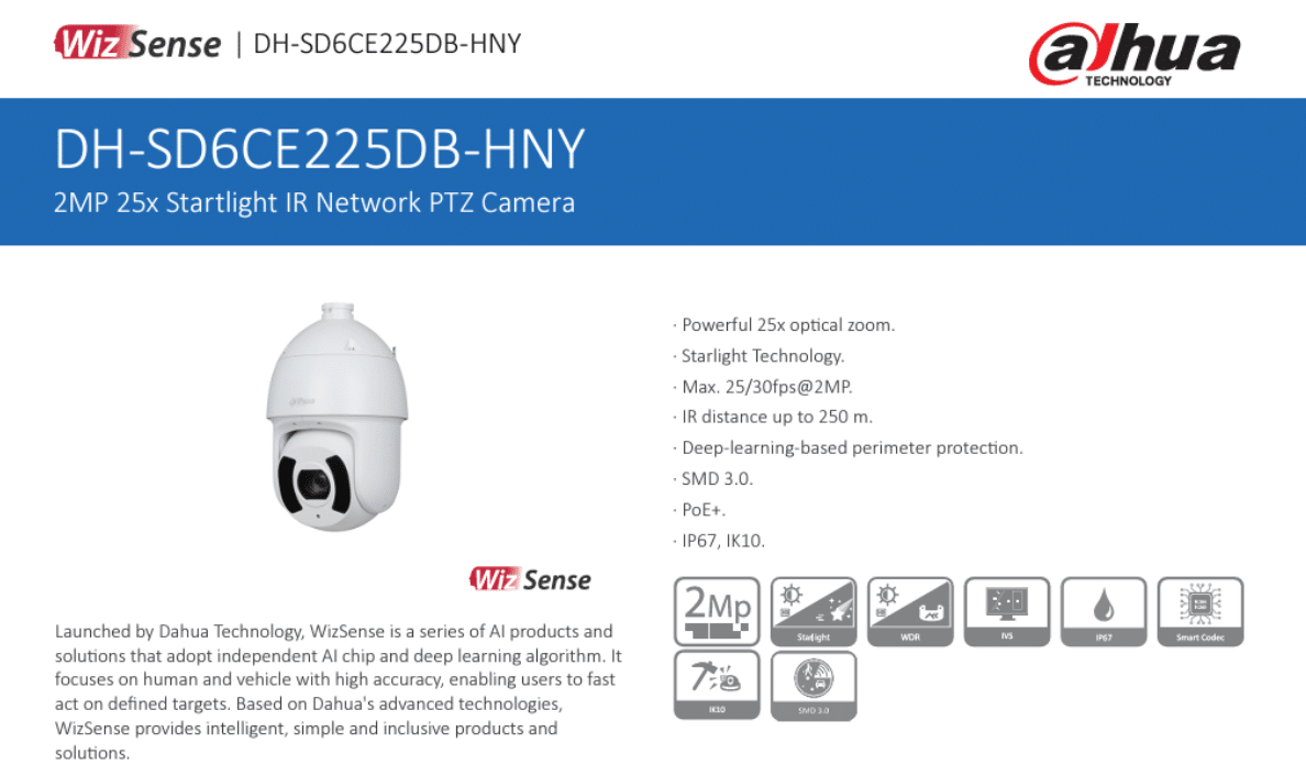 Camera Speed Dome IP Dahua DH-SD6CE225DB-HNY