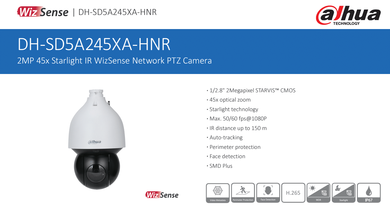 DH-SD5A245XA-HNR là dòng camera PTZ thông minh, tích hợp trí tuệ nhân tạo AI