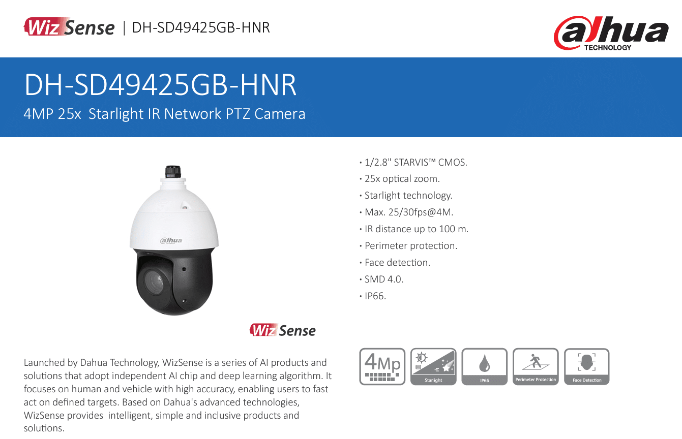 Dahua DH-SD49425GB-HNR là dòng camera PTZ thông minh, tích hợp trí tuệ nhân tạo AI