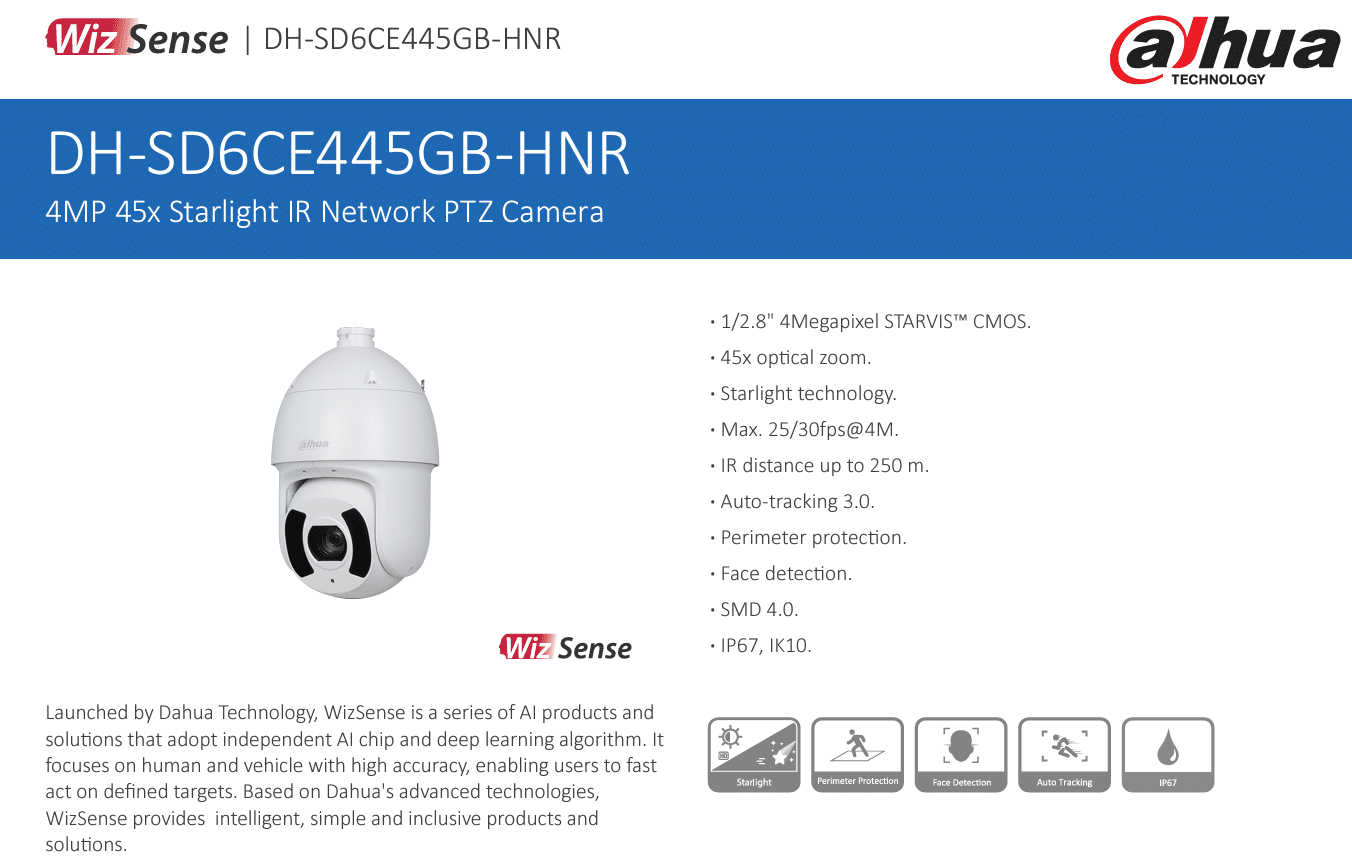 DH-SD6CE445GB-HNR là dòng camera PTZ thông minh, tích hợp trí tuệ nhân tạo AI