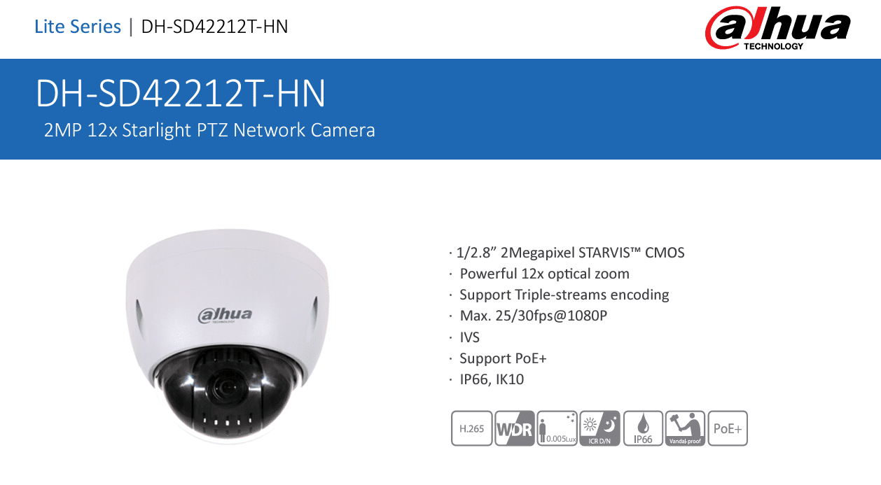 DH-SD42212T-HN là dòng camera PTZ nhỏ gọn, tích hợp zoom quang học 12x