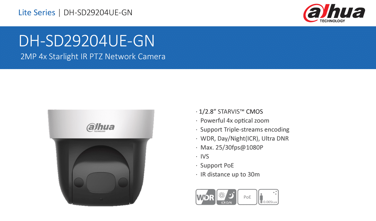 DH-SD29204UE-GN là dòng camera PTZ nhỏ gọn, tích hợp zoom quang học 4x