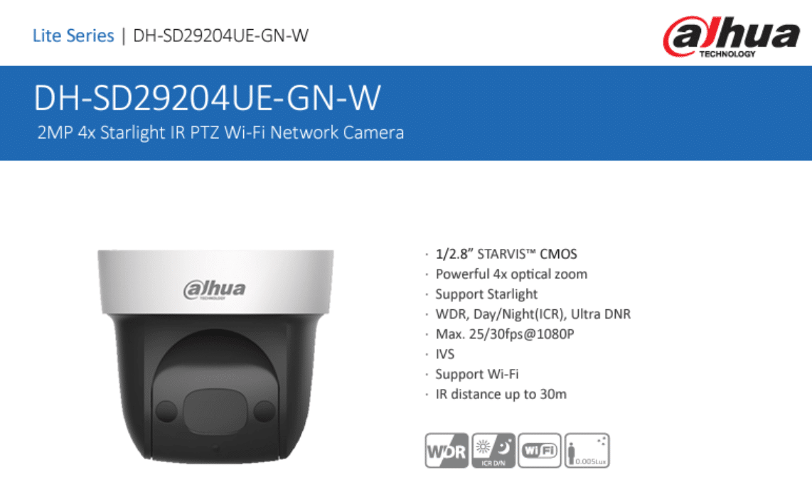 DH-SD29204UE-GN-W là dòng camera PTZ nhỏ gọn, tích hợp zoom quang học 4x