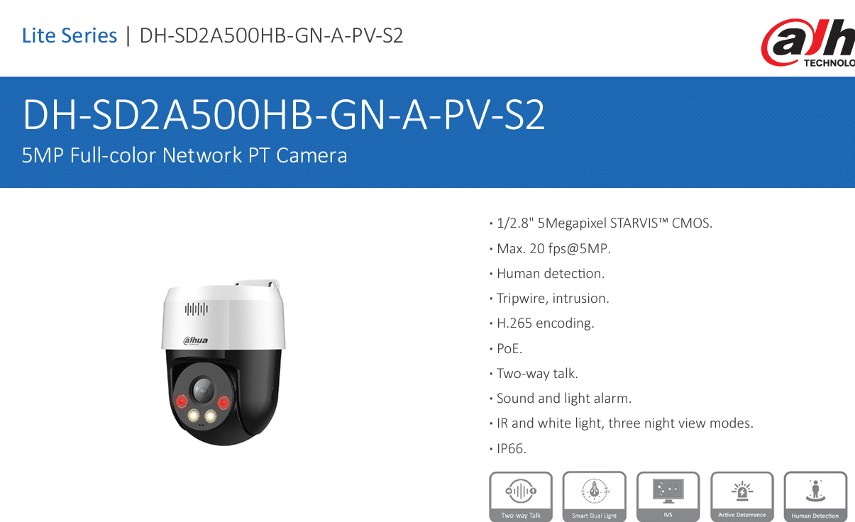 DH-SD2A500HB-GN-A-PV-S2 là dòng camera PTZ nhỏ gọn, tích hợp trí tuệ nhân tạo AI