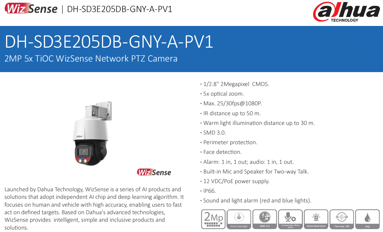 Dahua DH-SD3E205DB-GNY-A-PV1 là dòng camera PTZ thông minh, tích hợp trí tuệ nhân tạo AI