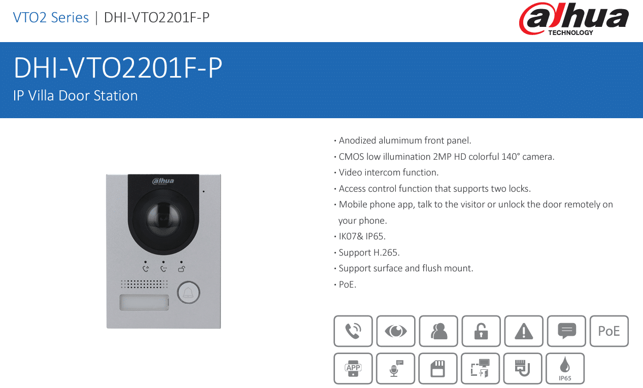 DHI-VTO2201F-P là thiết bị liên lạc cửa với camera 2MP góc rộng