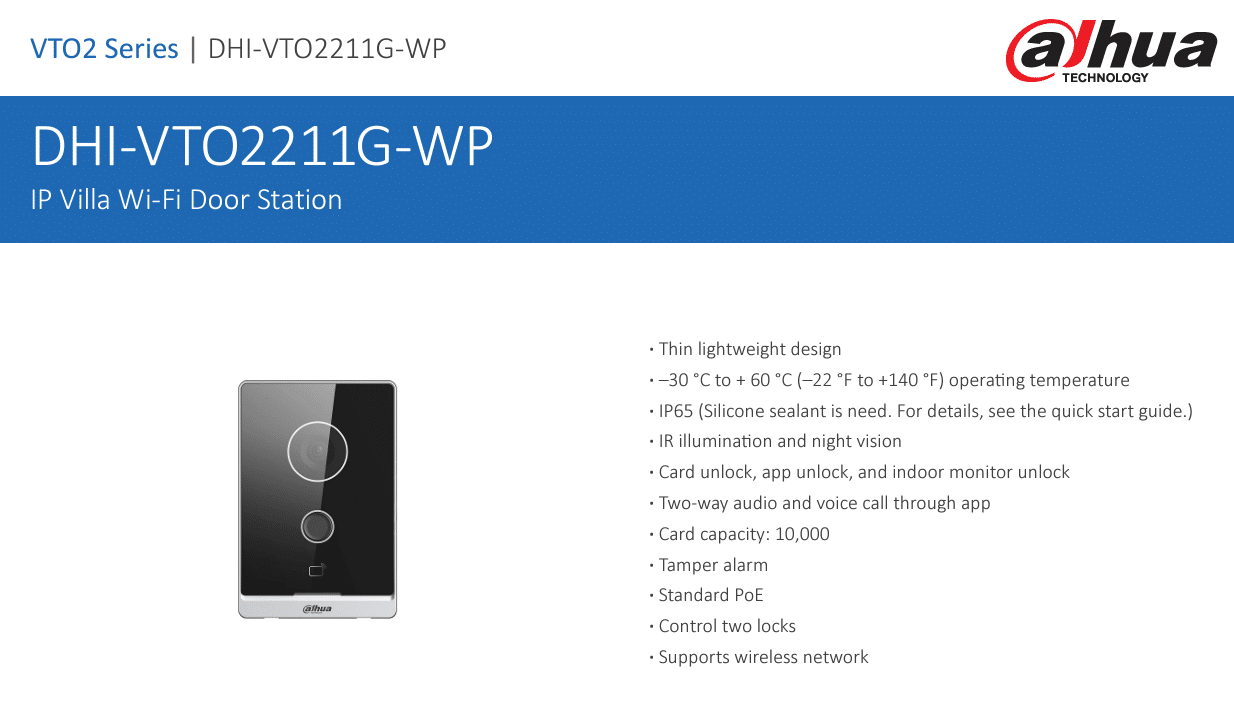 DHI-VTO2211G-WP là thiết bị liên lạc cửa với thiết kế mỏng nhẹ, tích hợp camera 2MP