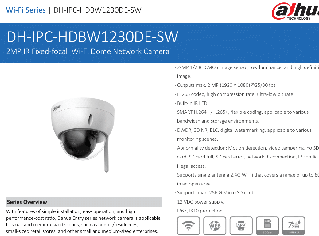 DH-IPC-HDBW1230DE-SW là dòng camera dome cố định trong nhà với độ phân giải 2MP