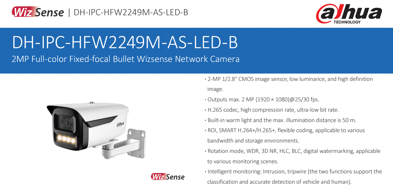 DH-IPC-HFW2249M-AS-LED-B là dòng camera bullet cố định với độ phân giải 2MP