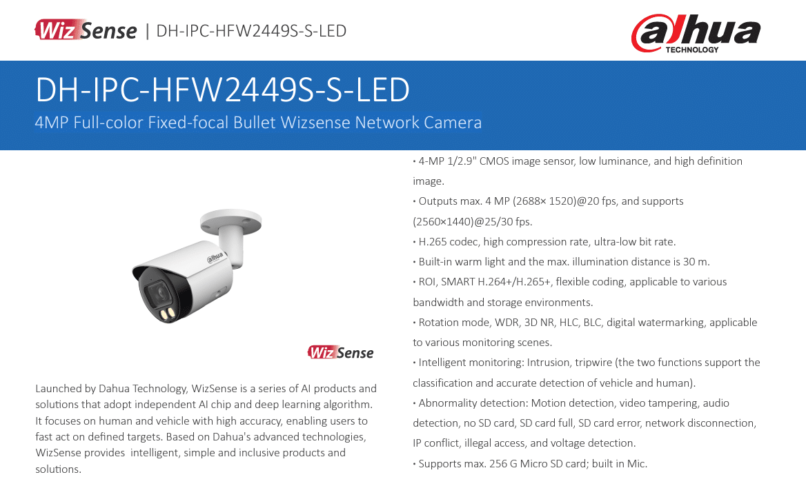 DH-IPC-HFW2449S-S-LED là dòng camera bullet cố định với độ phân giải 4MP