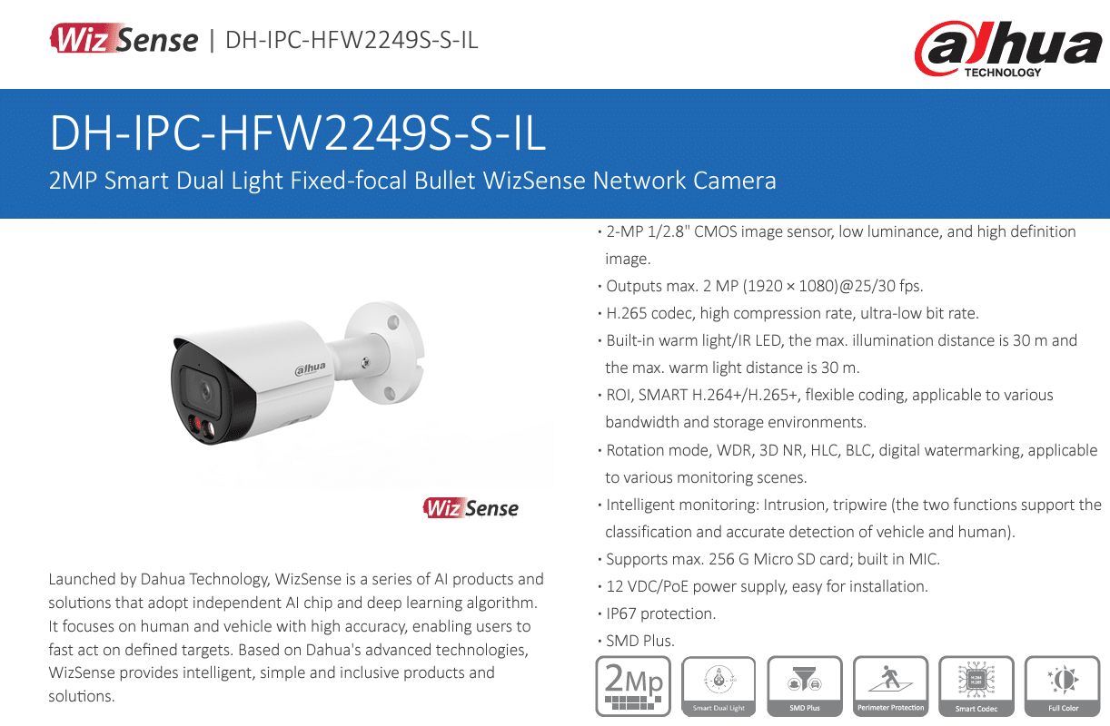 DH-IPC-HFW2249S-S-IL là dòng camera WizSense được trang bị công nghệ AI tiên tiến