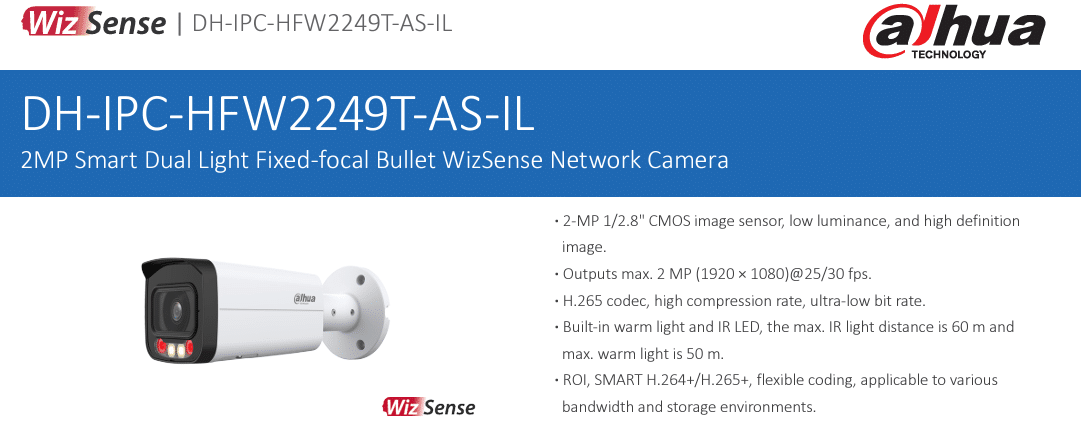 DH-IPC-HFW2249T-AS-IL thuộc dòng WizSense, được trang bị công nghệ AI tiên tiến