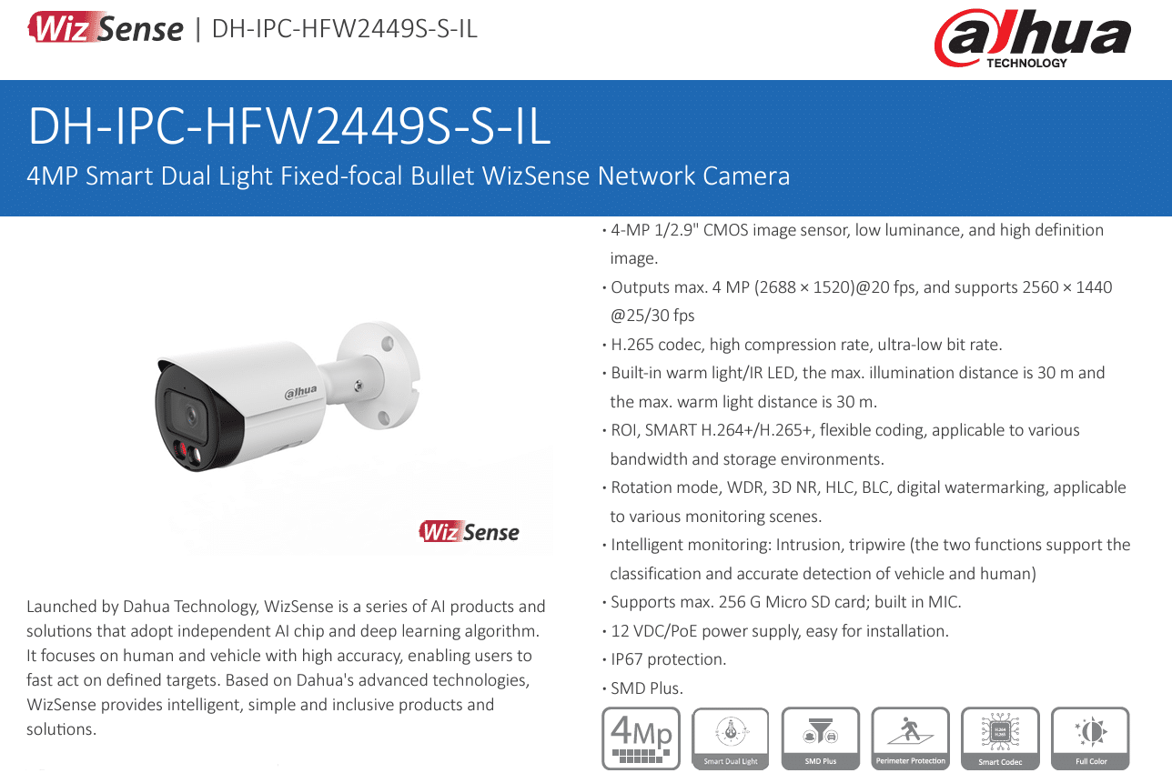 DH-IPC-HFW2449S-S-IL thuộc dòng WizSense, nổi bật với khả năng phân tích hình ảnh thông minh