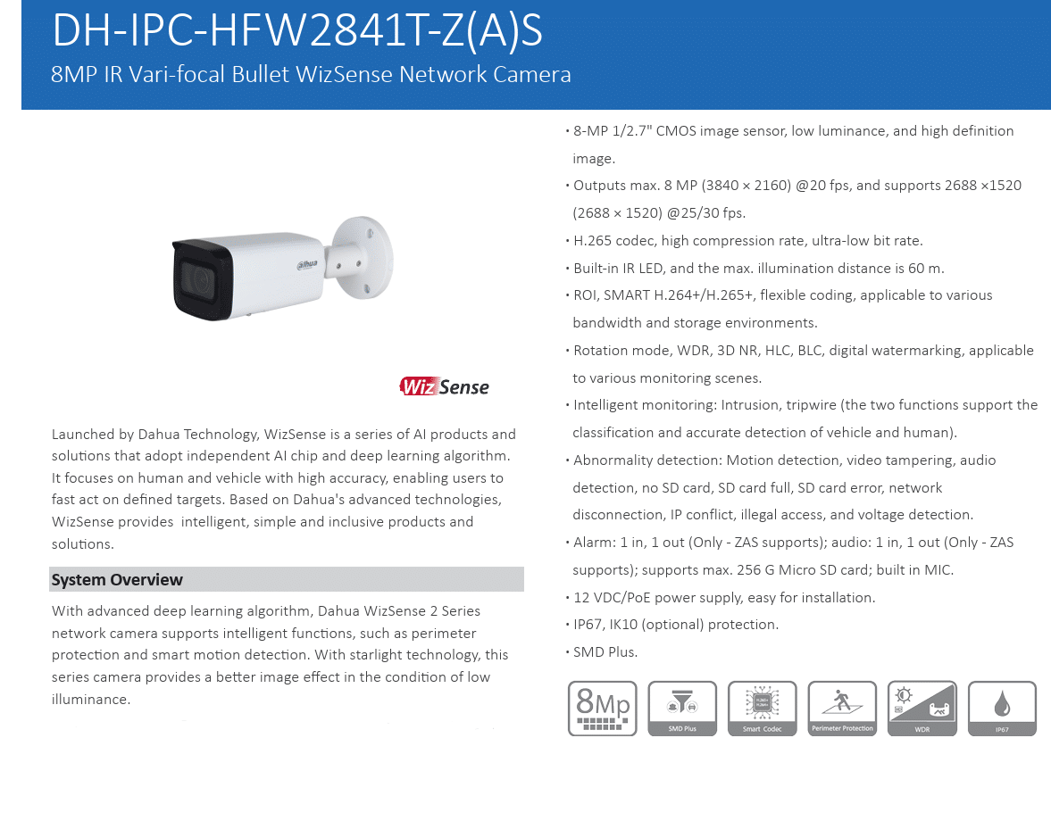 DH-IPC-HFW2841T-ZS (8MP) là giải pháp giám sát an ninh tiên tiến, kết hợp độ phân giải 8MP siêu nét